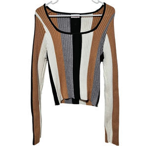 Pink Lily Crop Sweater Women's Size L Striped Ribbed Trendy Earthy Casual